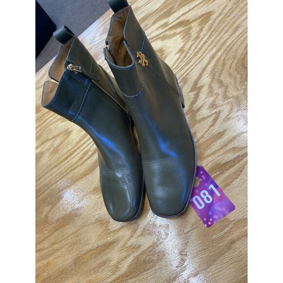 Tory Burch Everly Bootie 6.5 Green Leather Side Zip Square Toe Flat Boots - Picture 2 of 8